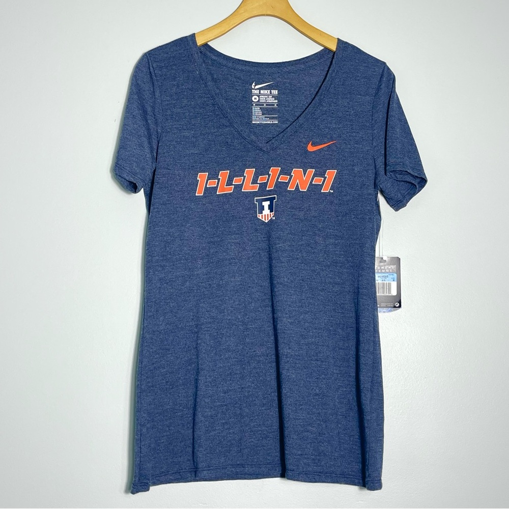 NWT NIKE "The New Tee" Women Heather Navy Blue Illini T-Shirt V-Neck Size Medium - Picture 1 of 9